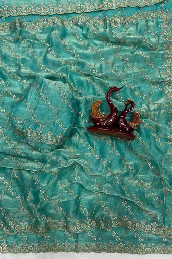 Sea Green Color Embroidered Space Silk Saree