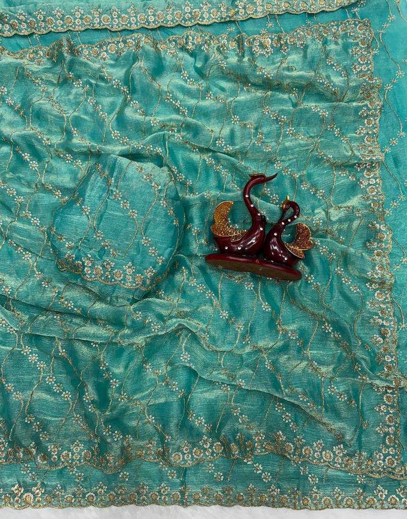 Sea Green Color Embroidered Space Silk Saree
