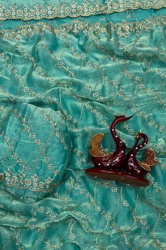 Sea Green Color Embroidered Space Silk Saree