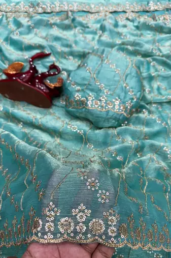 Sky Blue Color Embroidered Space Silk Saree