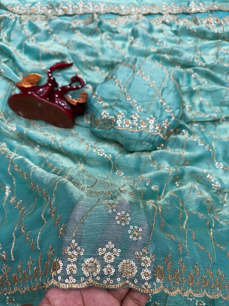 Sky Blue Color Embroidered Space Silk Saree