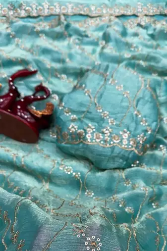 Sky Blue Color Embroidered Space Silk Saree