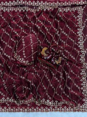 Wine Color Embroidered Space Silk Saree 1