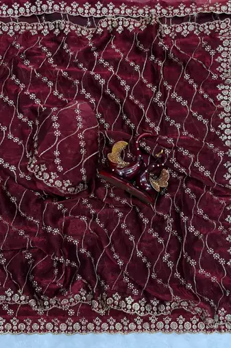 Wine Color Embroidered Space Silk Saree