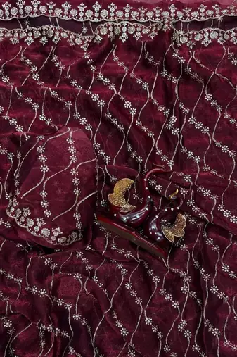 Wine Color Embroidered Space Silk Saree