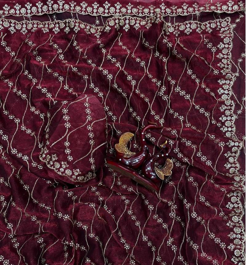 Wine Color Embroidered Space Silk Saree