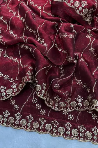 Wine Color Embroidered Space Silk Saree