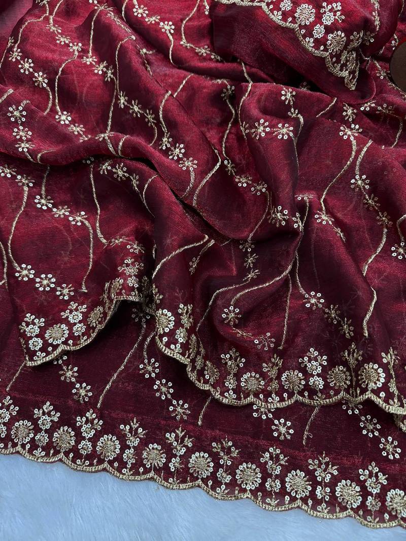 Wine Color Embroidered Space Silk Saree
