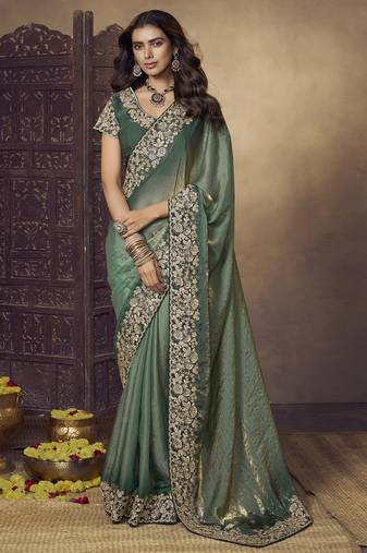 Dark sea green embroidered fendi satin saree with satin blouse fabric || premium sarees || premium fabrics