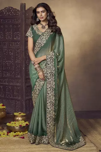 Dark sea green embroidered fendi satin saree with satin blouse fabric || premium sarees || premium fabrics