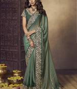 Dark sea green embroidered fendi satin saree with satin blouse fabric || premium sarees || premium fabrics