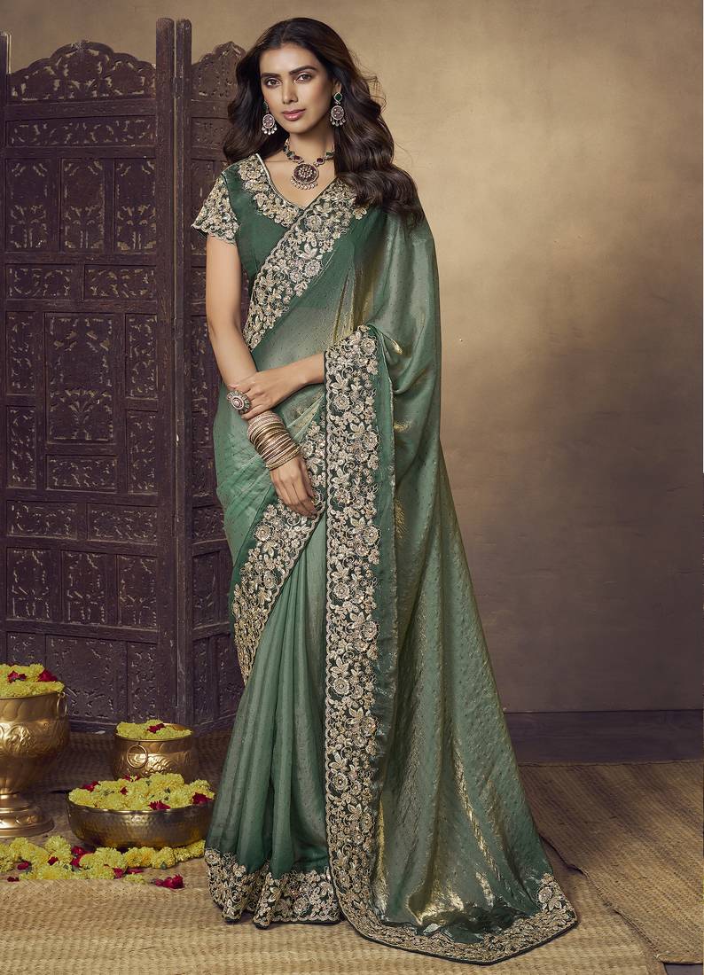 Dark sea green embroidered fendi satin saree with satin blouse fabric || premium sarees || premium fabrics