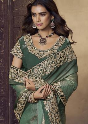 Dark sea green embroidered fendi satin saree with satin blouse fabric || premium sarees || premium fabrics 2