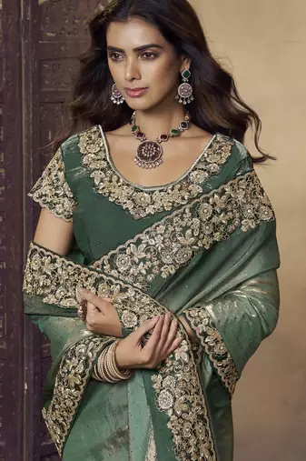 Dark sea green embroidered fendi satin saree with satin blouse fabric || premium sarees || premium fabrics