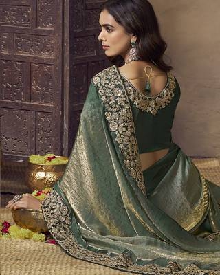 Dark sea green embroidered fendi satin saree with satin blouse fabric || premium sarees || premium fabrics 3
