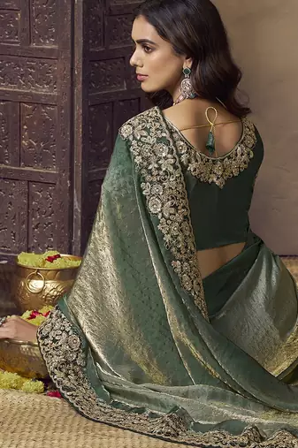 Dark sea green embroidered fendi satin saree with satin blouse fabric || premium sarees || premium fabrics