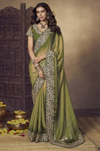 Mehendi  green embroidered fendi satin saree with satin blouse fabric || premium sarees || premium fabrics