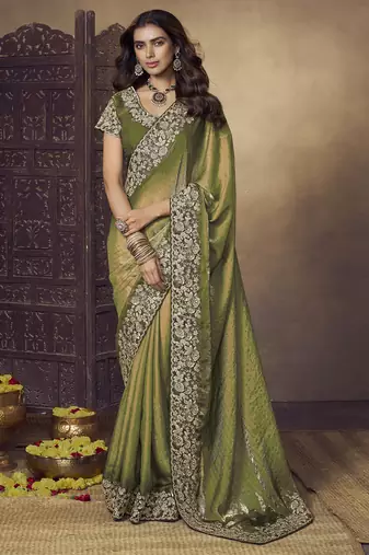Mehendi  green embroidered fendi satin saree with satin blouse fabric || premium sarees || premium fabrics