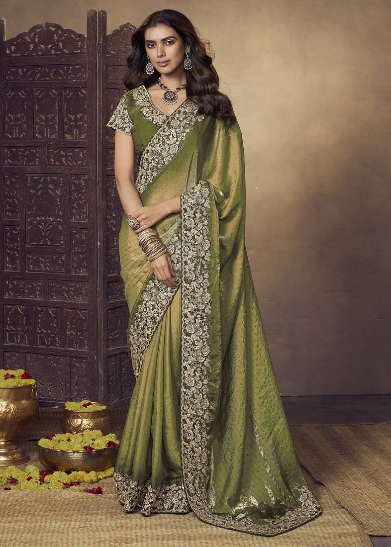 Mehendi  green embroidered fendi satin saree with satin blouse fabric || premium sarees || premium fabrics