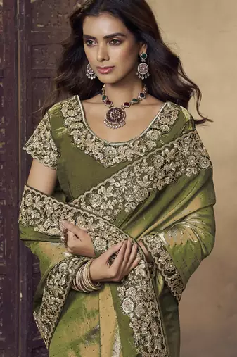 Mehendi  green embroidered fendi satin saree with satin blouse fabric || premium sarees || premium fabrics