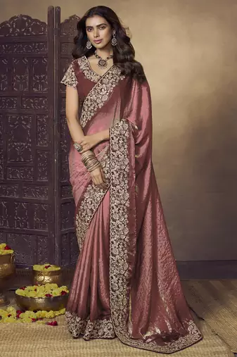 Dark peach embroidered fendi satin saree with satin blouse fabric || premium sarees || premium fabrics