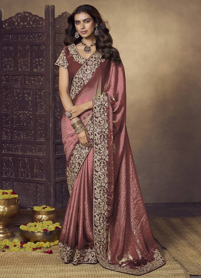 Dark peach embroidered fendi satin saree with satin blouse fabric || premium sarees || premium fabrics