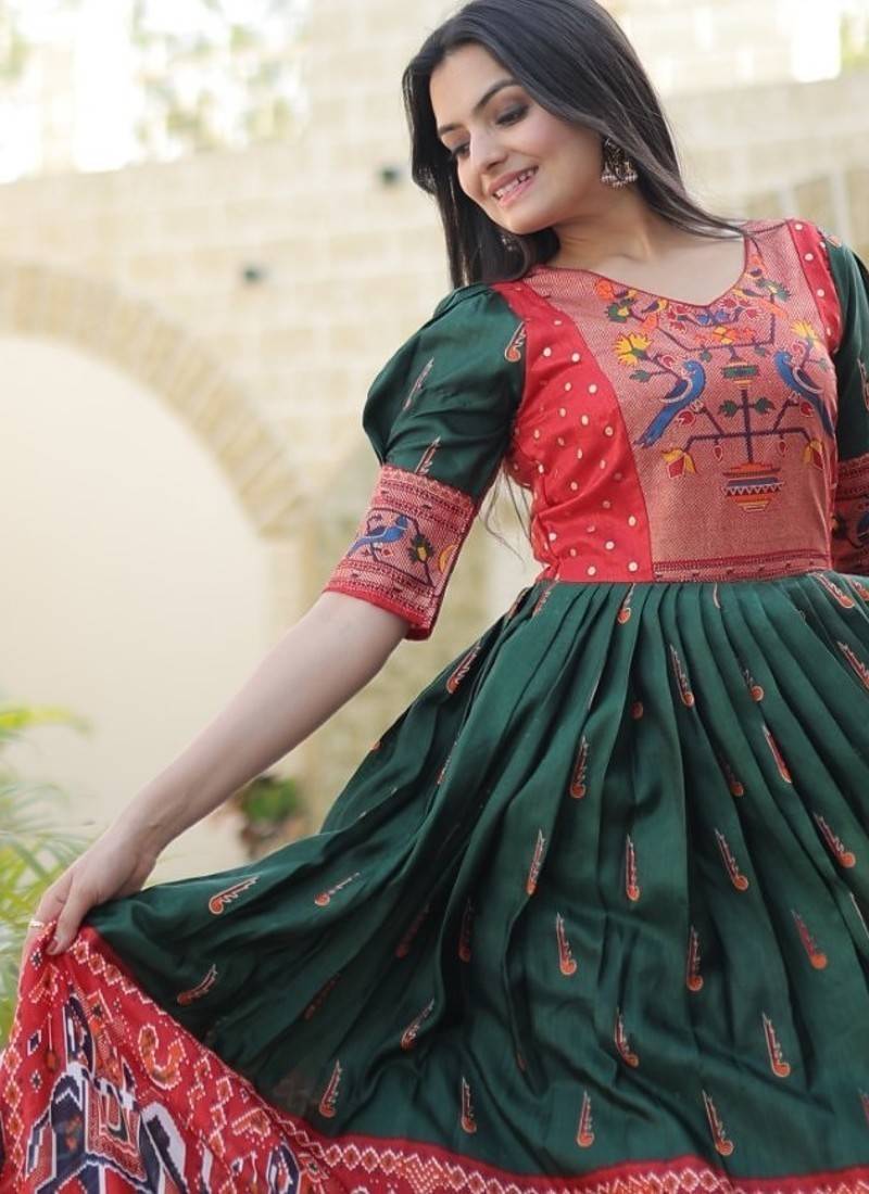 Green Dola Printed Gown     Daily & Festive Wear | Semi-Ready Stitch