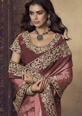 Dark peach embroidered fendi satin saree with satin blouse fabric || premium sarees || premium fabrics 2