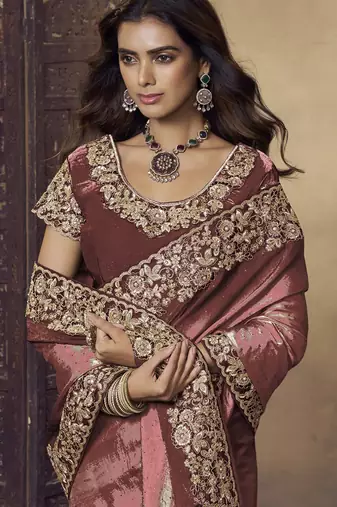 Dark peach embroidered fendi satin saree with satin blouse fabric || premium sarees || premium fabrics