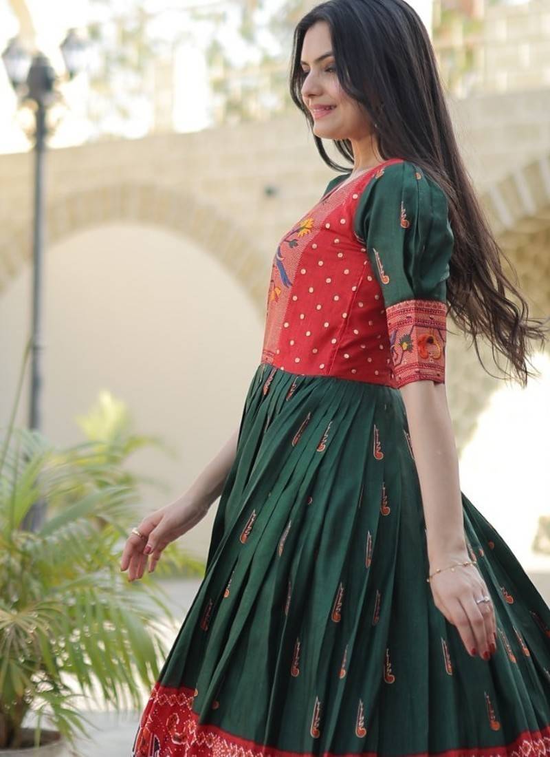 Green Dola Printed Gown     Daily & Festive Wear | Semi-Ready Stitch