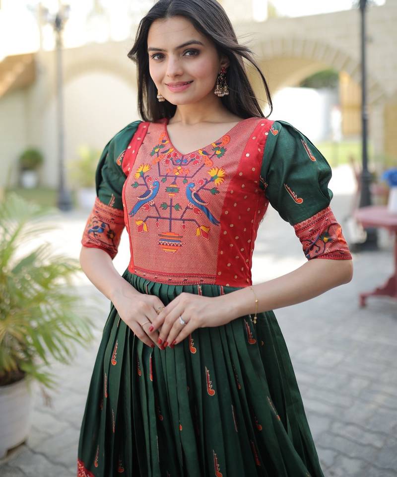Green Dola Printed Gown     Daily & Festive Wear | Semi-Ready Stitch