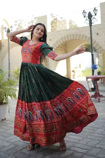 Green Dola Printed Gown     Daily & Festive Wear | Semi-Ready Stitch
