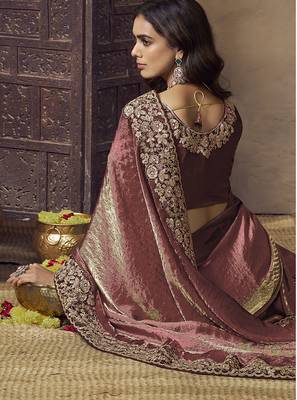 Dark peach embroidered fendi satin saree with satin blouse fabric || premium sarees || premium fabrics 3