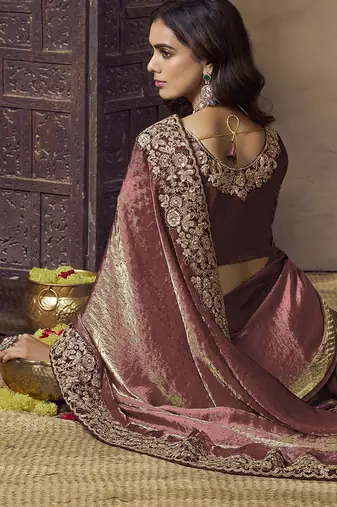Dark peach embroidered fendi satin saree with satin blouse fabric || premium sarees || premium fabrics