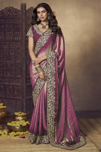 Purple embroidered fendi satin saree with satin blouse fabric || premium sarees || premium fabrics