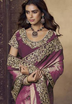 Purple embroidered fendi satin saree with satin blouse fabric || premium sarees || premium fabrics 2