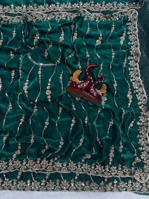Dark Green Color Embroidered Space Silk Saree 1