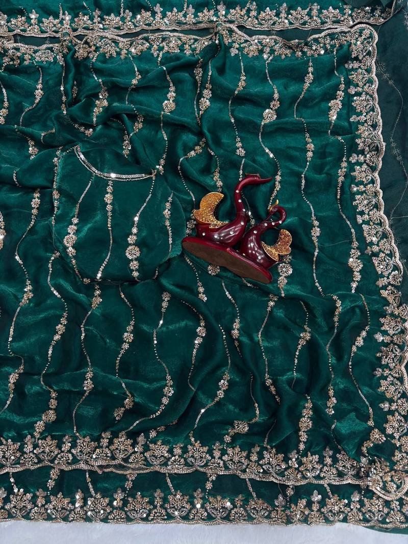 Dark Green Color Embroidered Space Silk Saree