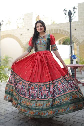 Red Dola Printed Gown     Ethnic Wear for All Occasions