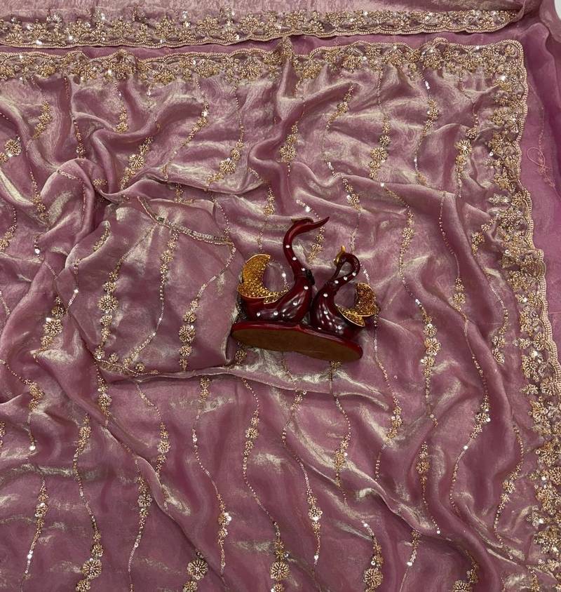 Lavender Color Embroidered Space Silk Saree