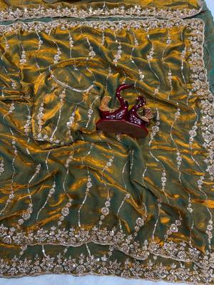 Olive Color Embroidered Space Silk Saree 1