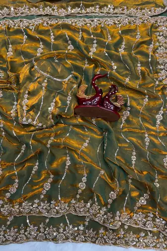 Olive Color Embroidered Space Silk Saree