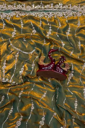 Olive Color Embroidered Space Silk Saree