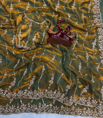 Olive Color Embroidered Space Silk Saree 3