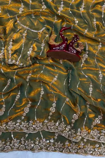 Olive Color Embroidered Space Silk Saree