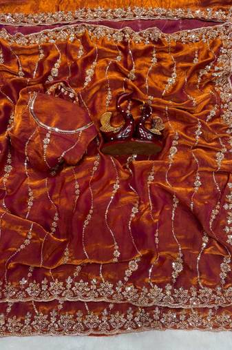 Orange Color Embroidered Space Silk Saree