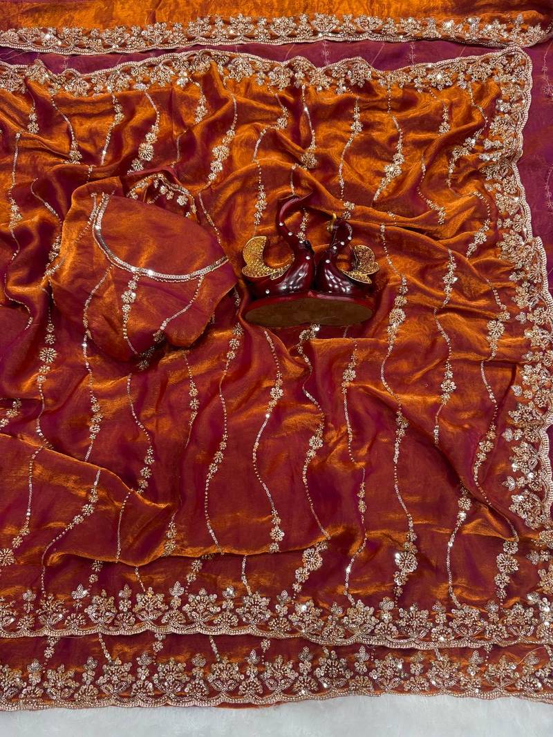 Orange Color Embroidered Space Silk Saree