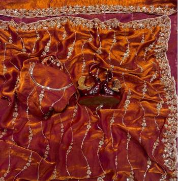 Orange Color Embroidered Space Silk Saree 2