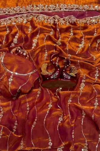 Orange Color Embroidered Space Silk Saree