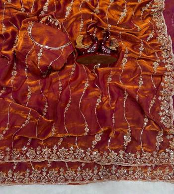 Orange Color Embroidered Space Silk Saree 3